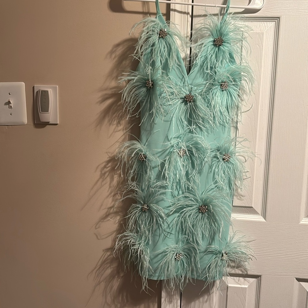Teal green with crystal embellishments all over - straps dress